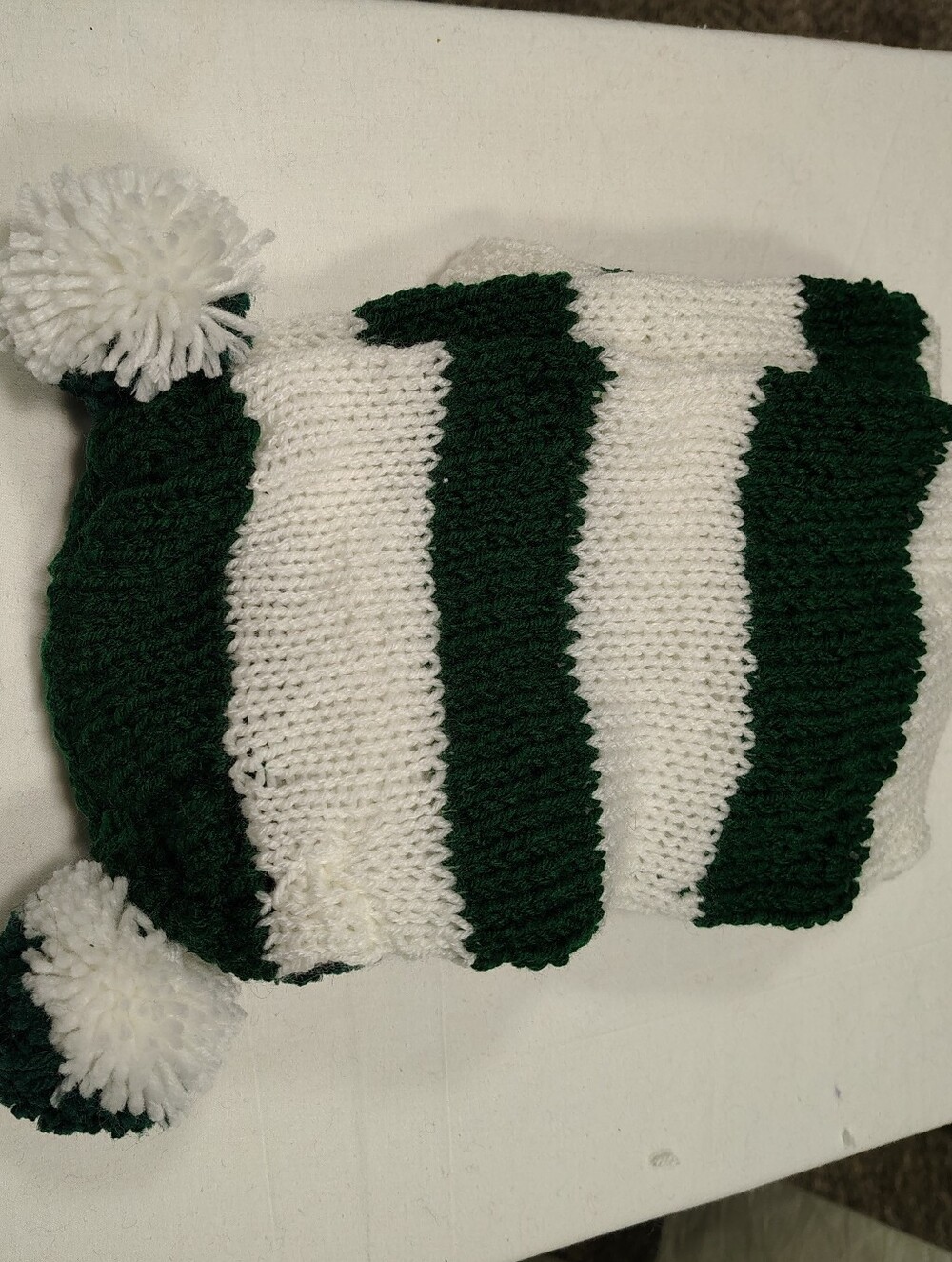 Striped Knit Pom-Pom Scarf Wrap - White & Dark Green